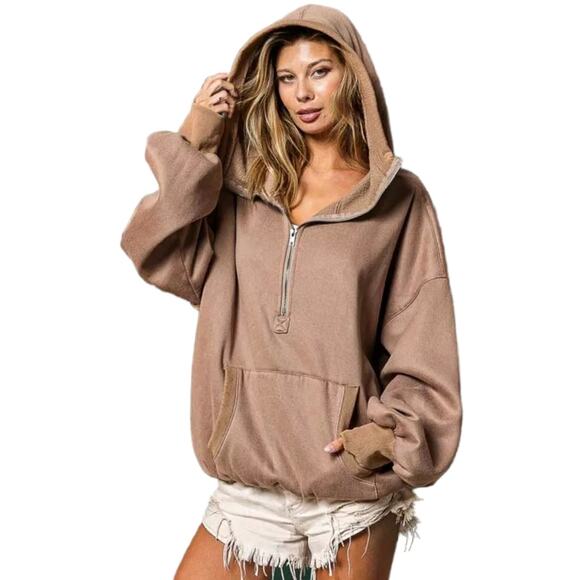 BiBi Stitch Detailed Elastic Hem Half Zip Fleece Hoodie - Picture 1 of 4